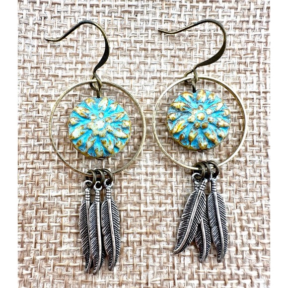 Jewelry - Silver Feathers & Turquoise Sunburst Dreamcatcher Earrings